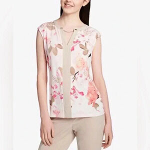 Calvin Klein Floral Cap Sleeve Chain Neck White Pink Women‎ Top Size 1X